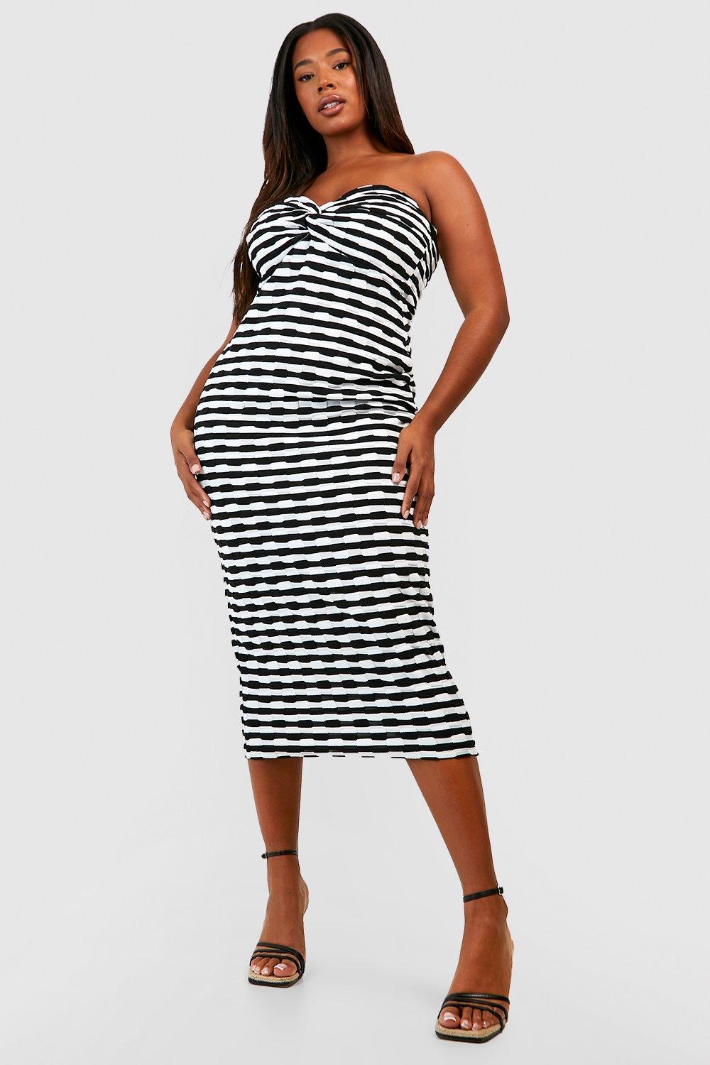 Plus Textured Stripe Twist Front Bandeau Midaxi Dress