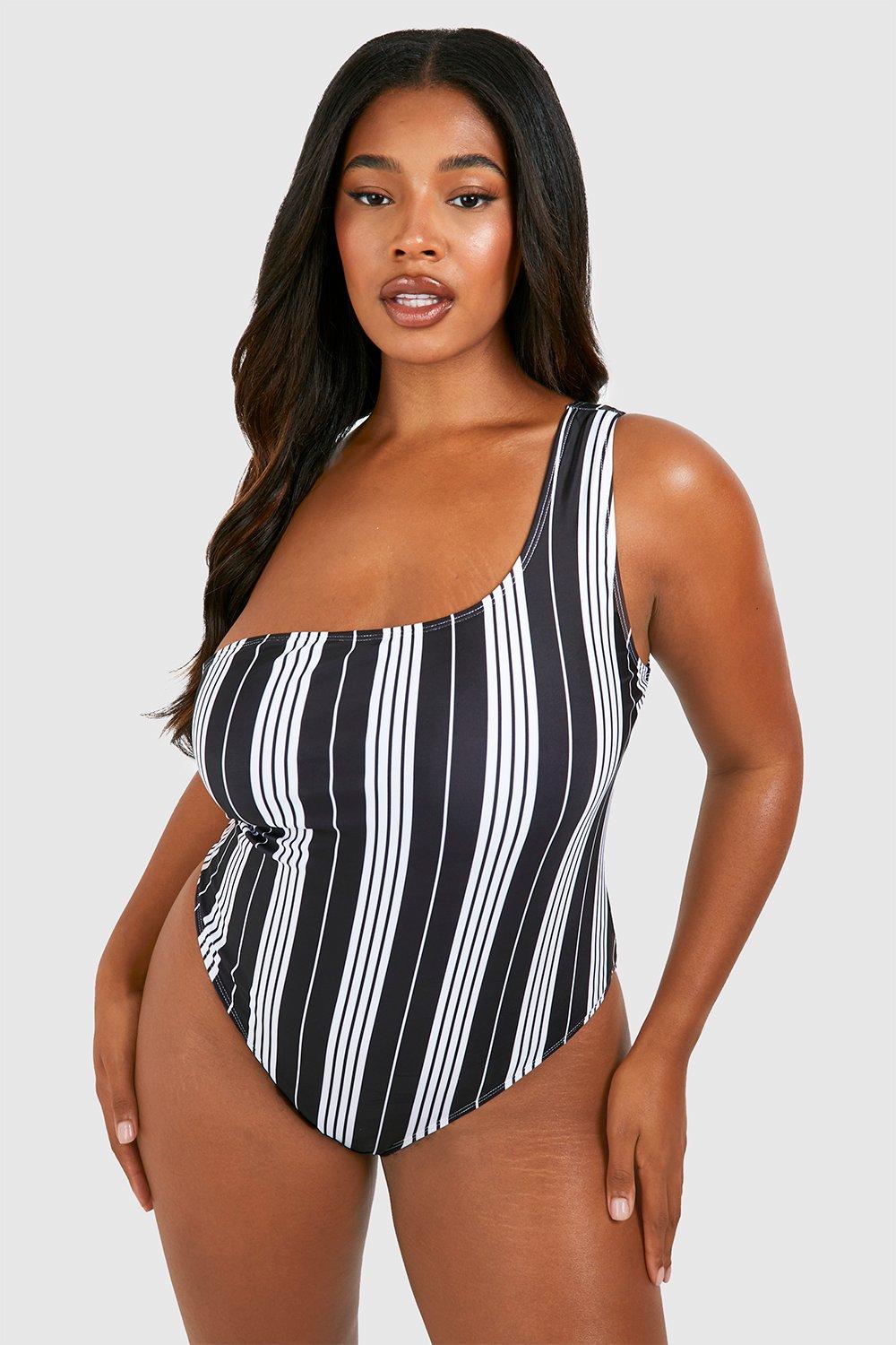 Plus Stripe One Shoulder Swimsuit