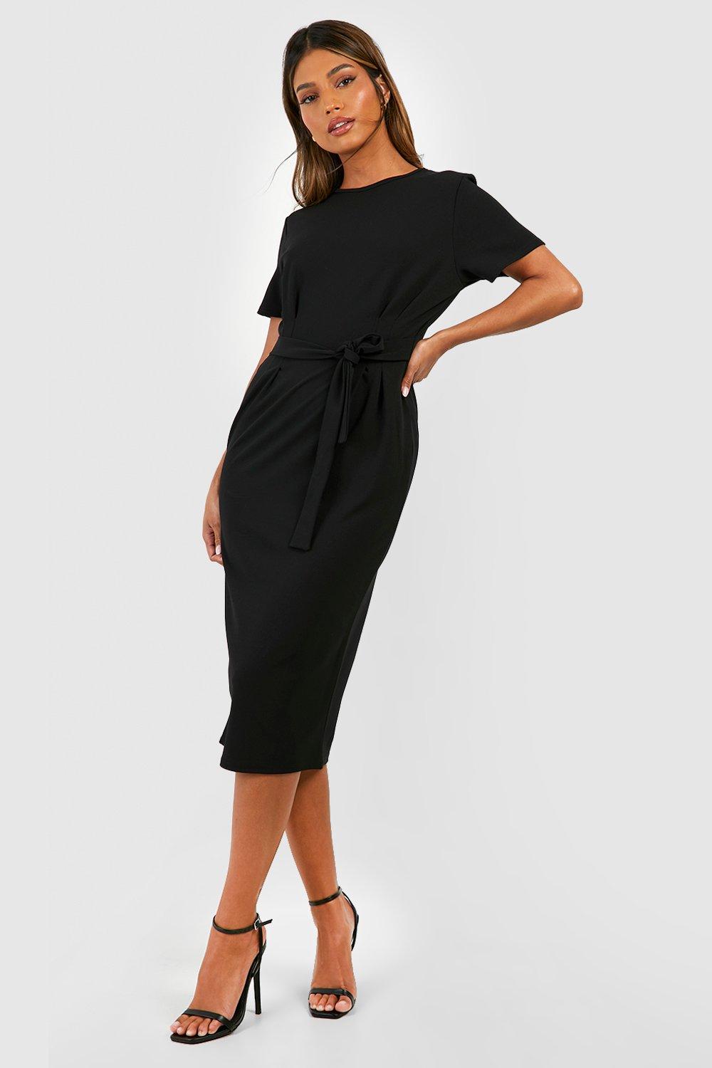 Crepe Pleat Front Belted Midi Dress