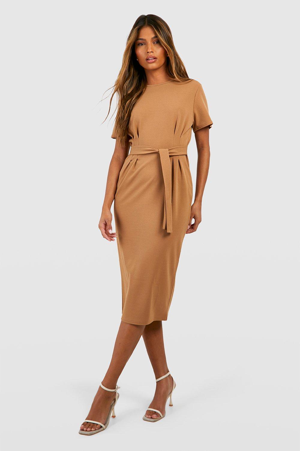 Crepe Pleat Front Belted Midi Dress