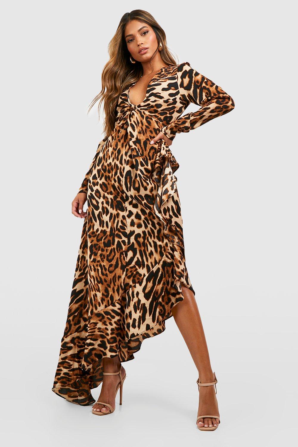 Leopard Print Asymetric Ruffle Hem Maxi Dress