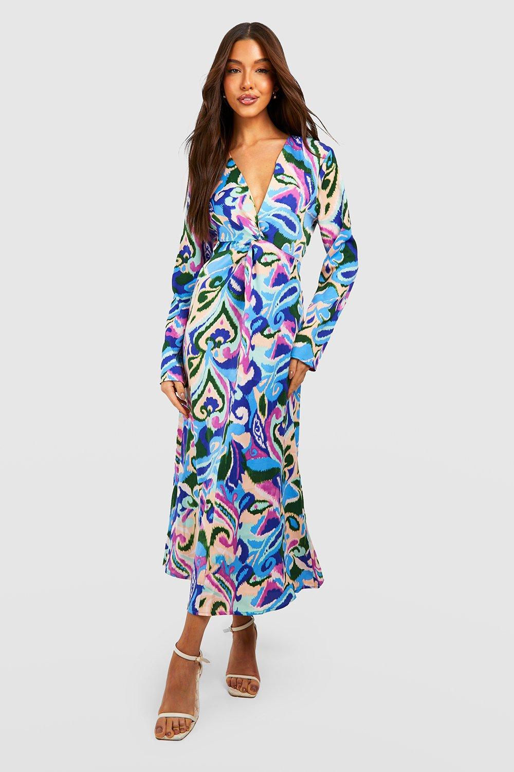 Plunge Abstract Long Sleeve Maxi Dress