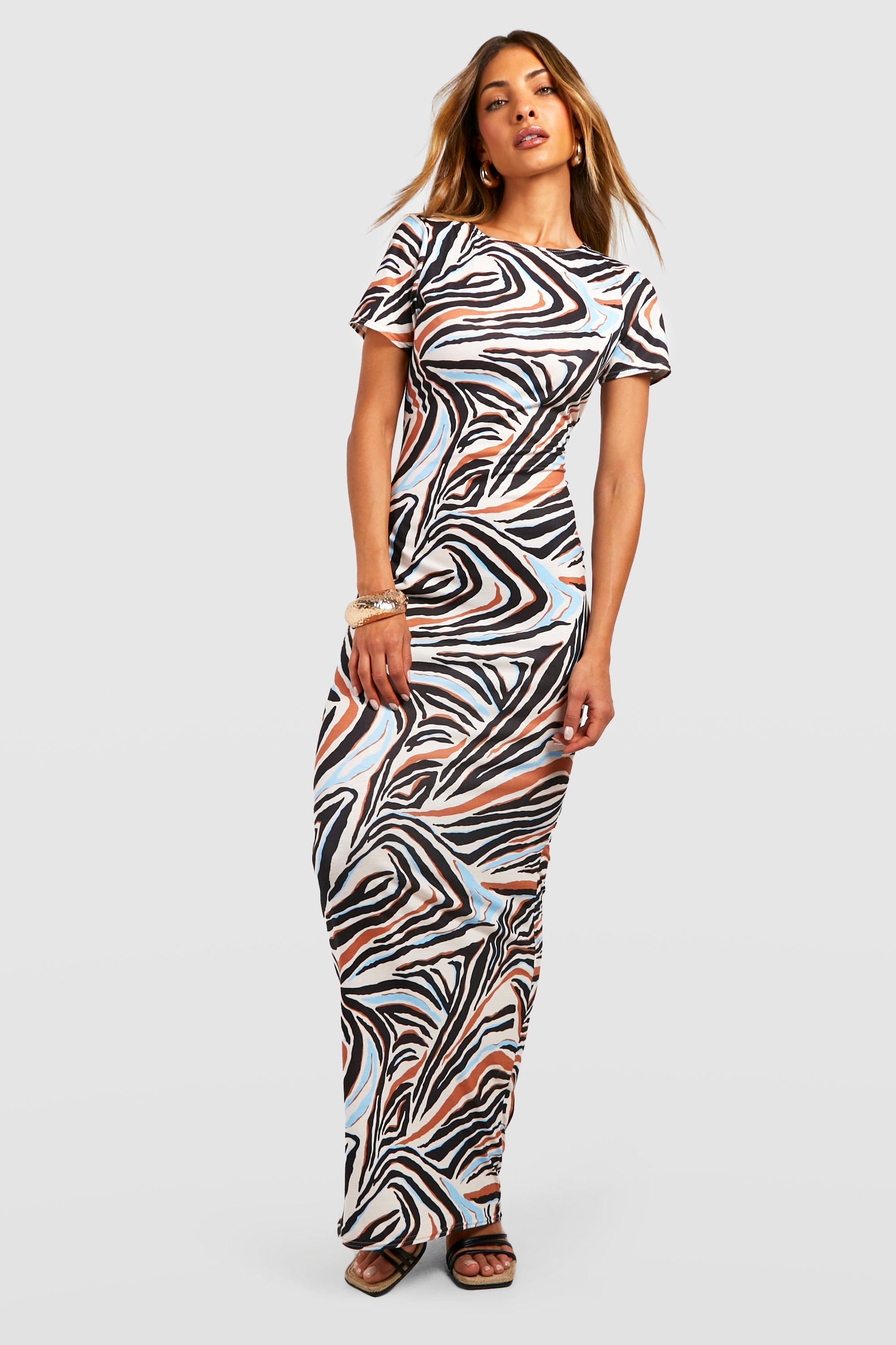 Zebra Print Cap Sleeve Maxi Dress