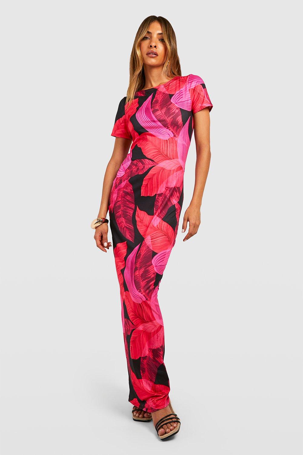 Palm Print Short Sleeve Maxi Dress