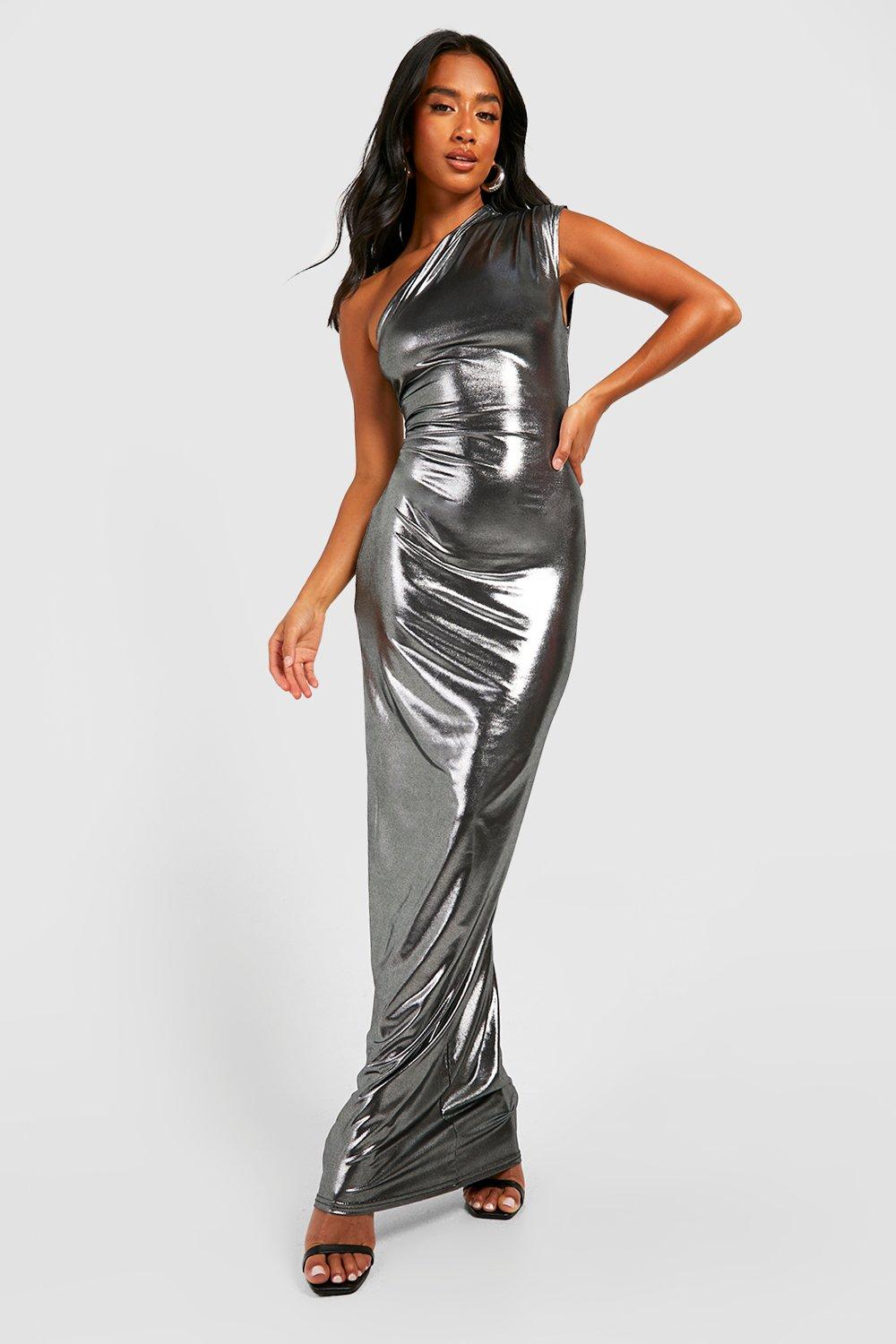 Petite Metallic Asymmetric Maxi Dress