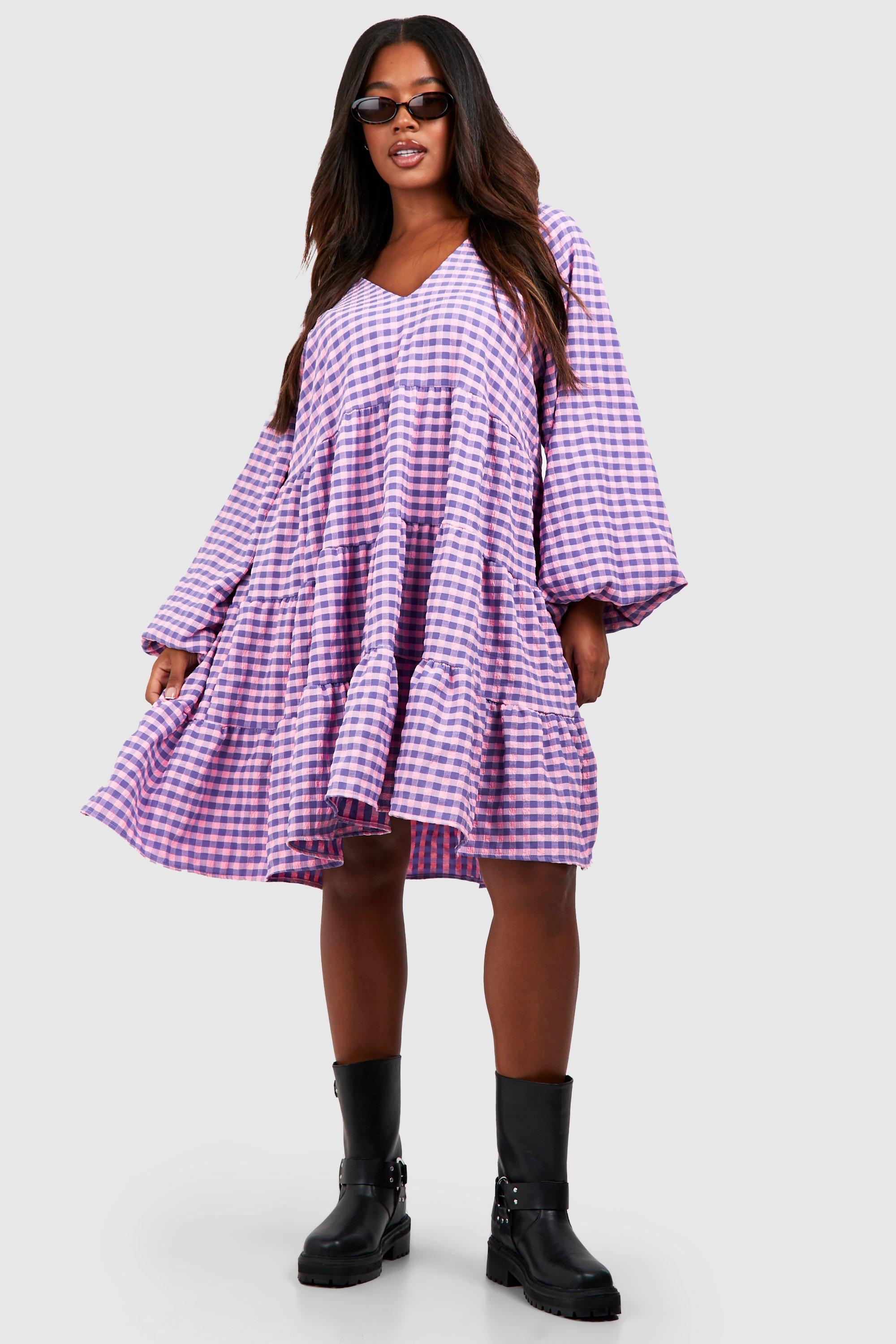 Plus Crinkle Tiered Check Smock Dress