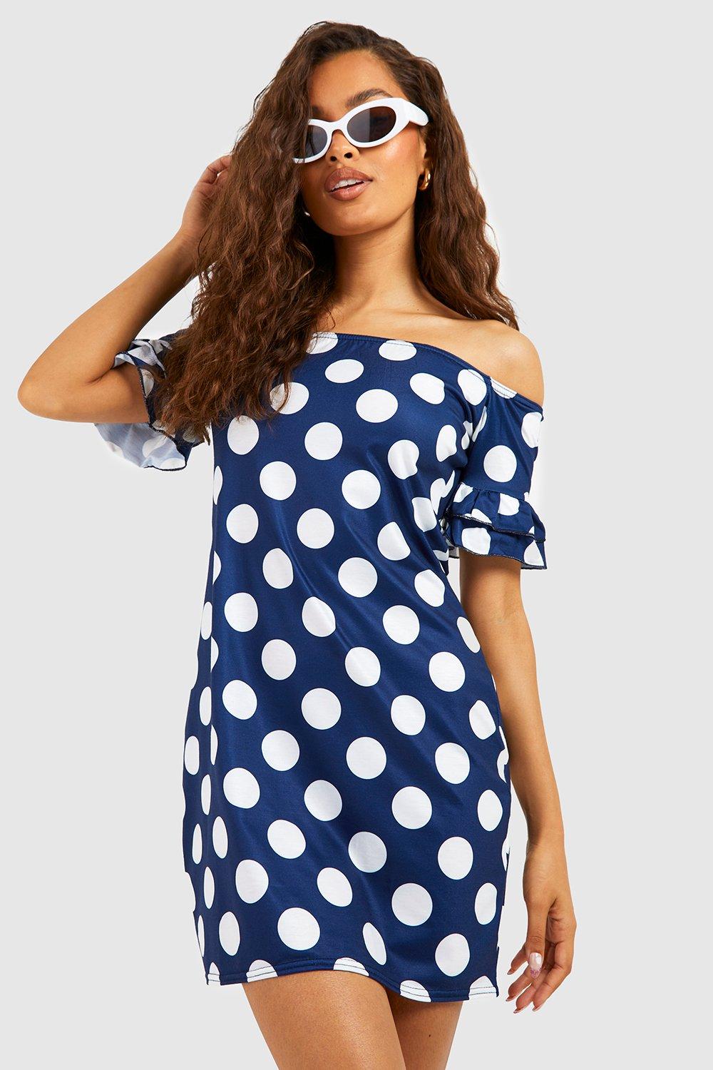 Polka Dot Off The Shoulder Shift Dress