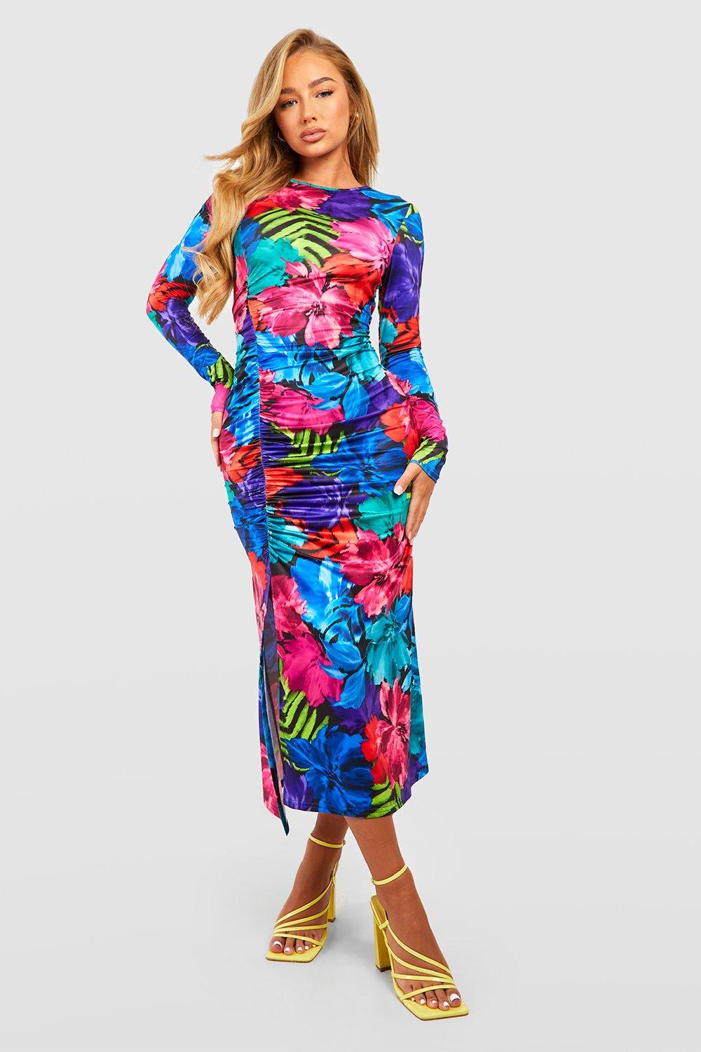 Floral Rouched Slinky Midaxi Dress