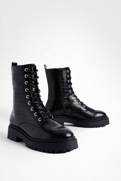 Wide Fit High Ankle Croc Chunky Lace Up Boots