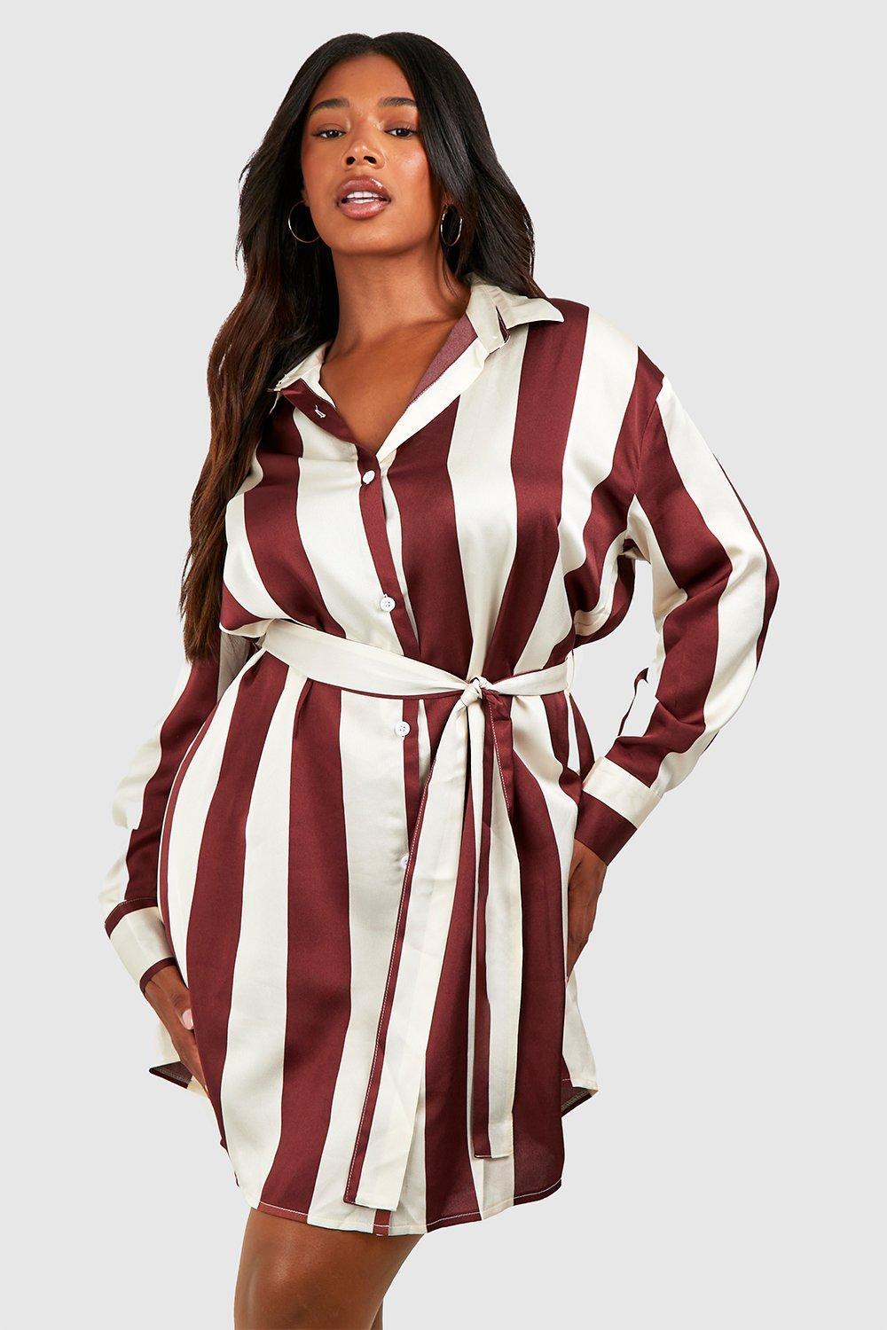 Plus Striped Belted Satin Shirt Dress