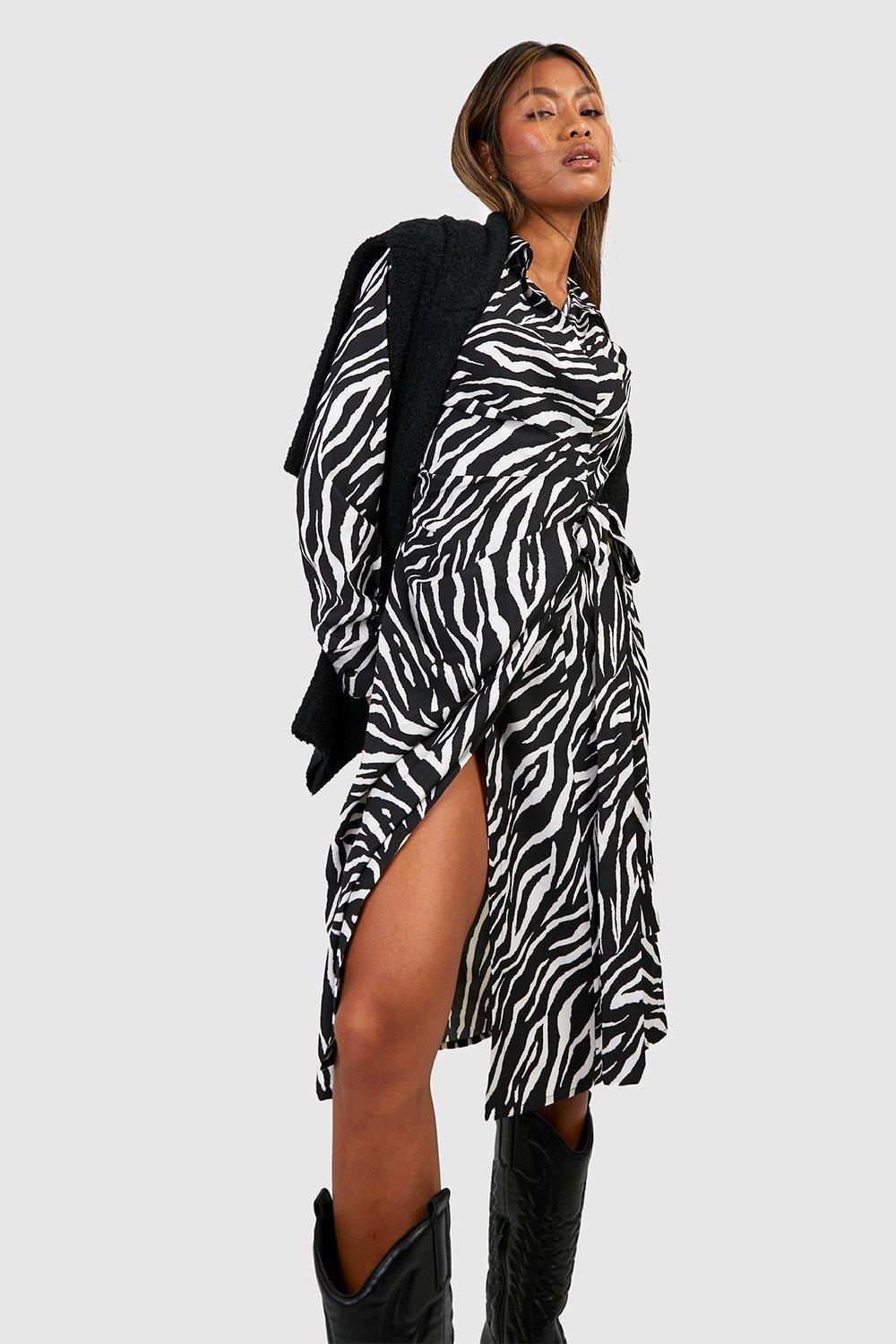 Zebra Printed Midi Wrap Shirt Dress