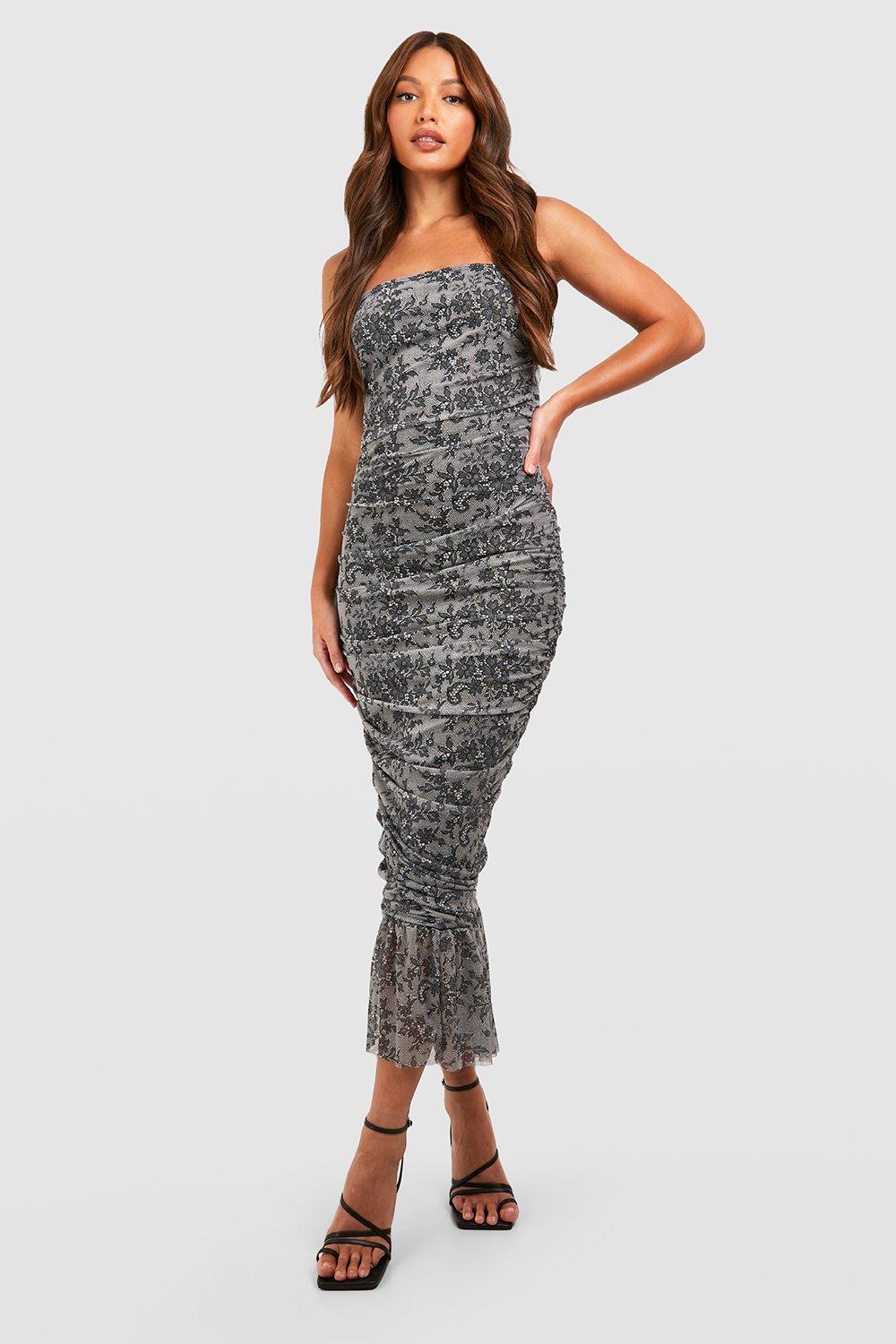 Tall Mesh Lace Print Ruched Bandeau Dress