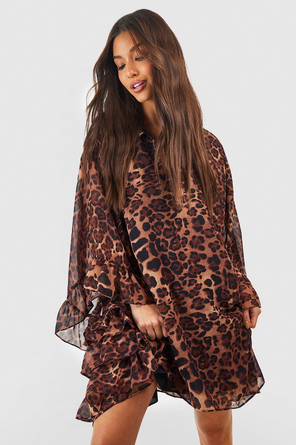 Chiffon Leopard Ruffle Smock Dress