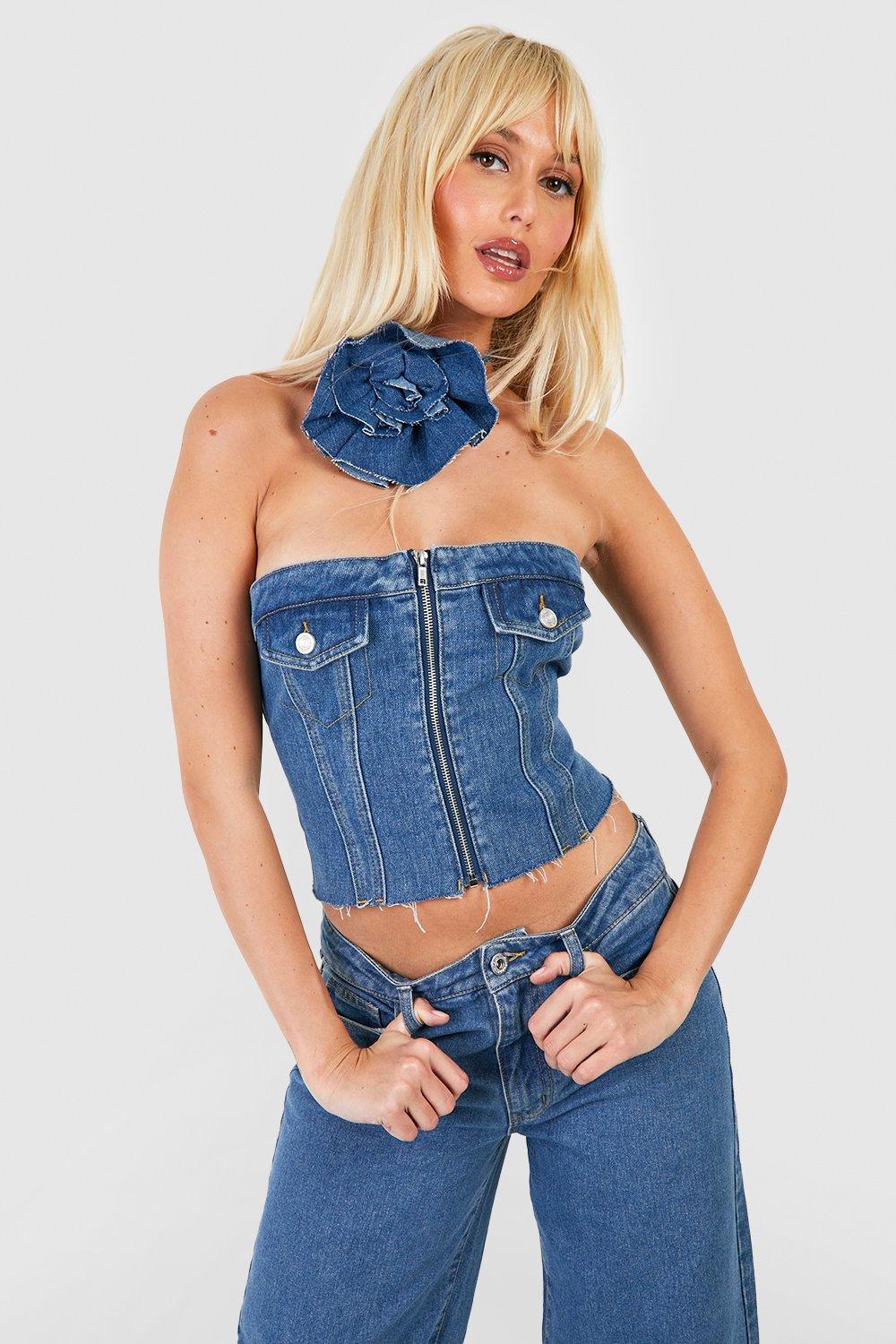 Tops, Zip Through Denim Corset Top With Rose Corsage Choker