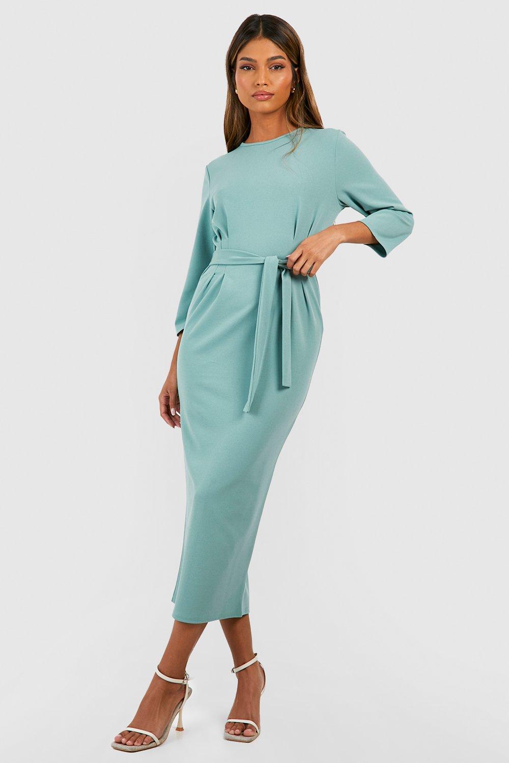 Crepe Pleat Front 3/4 Sleeve Belted Midaxi Dress