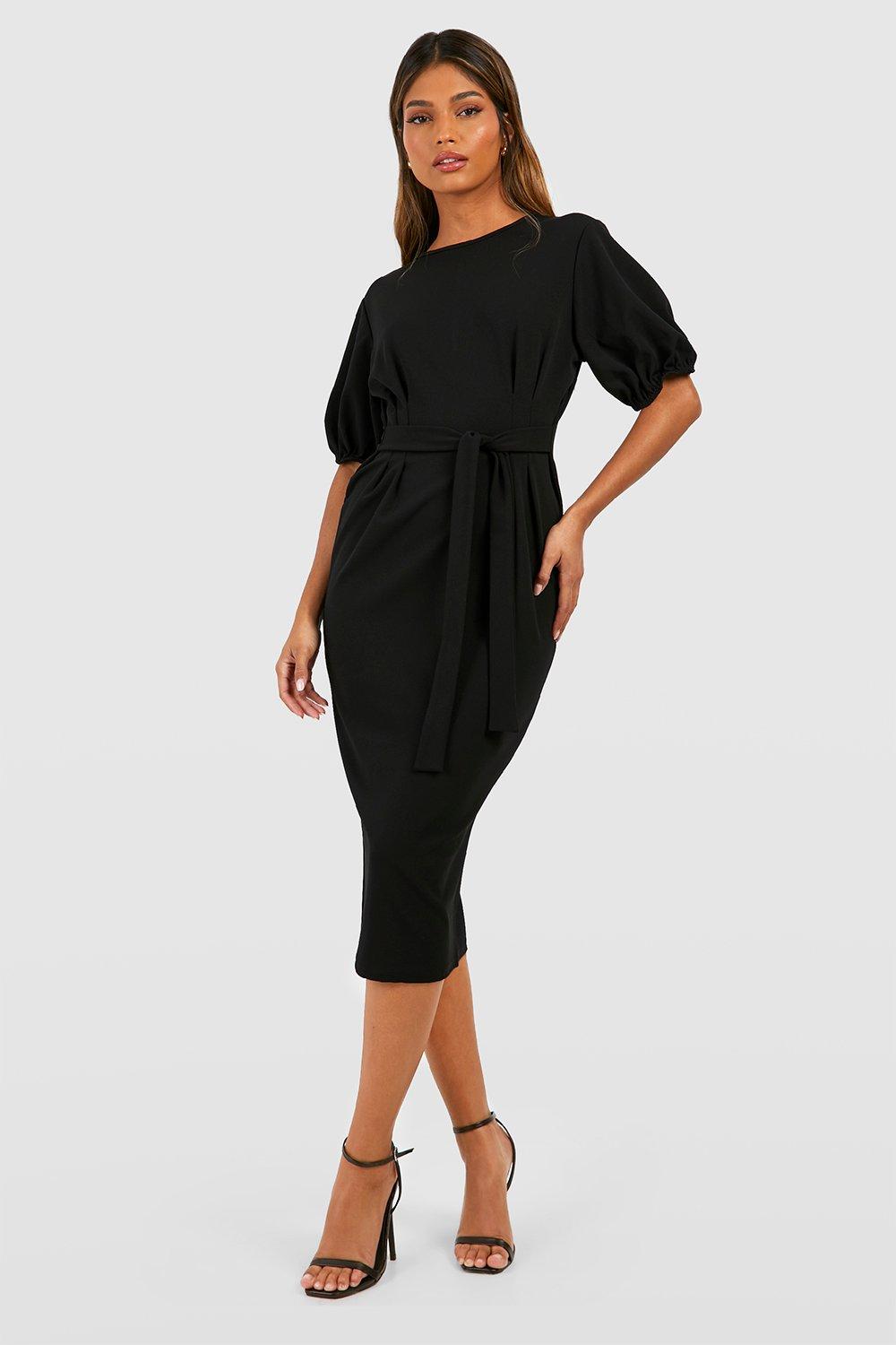 Crepe Pleat Front Puff Sleeve Belted Midaxi Dress