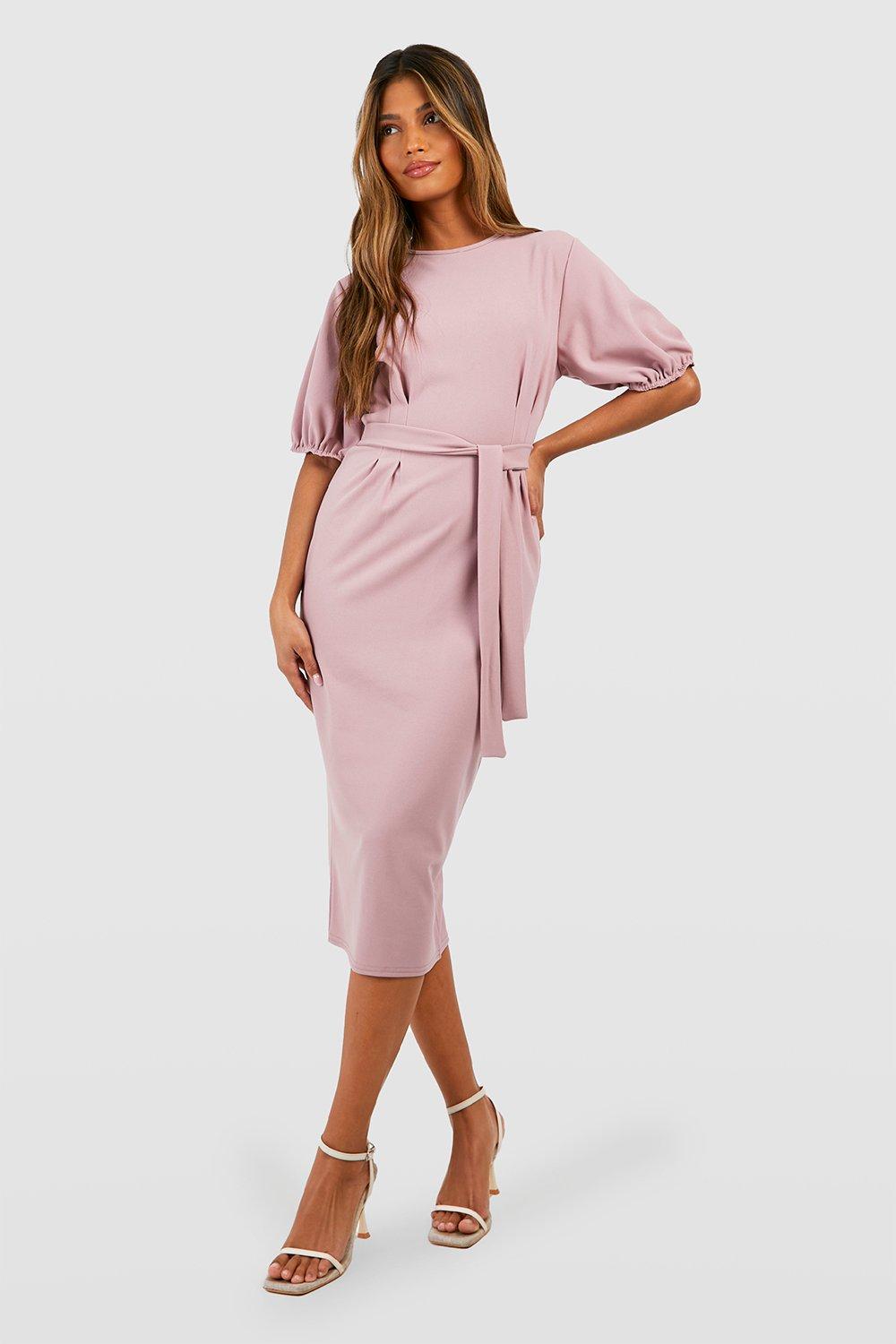 Crepe Pleat Front Puff Sleeve Belted Midaxi Dress