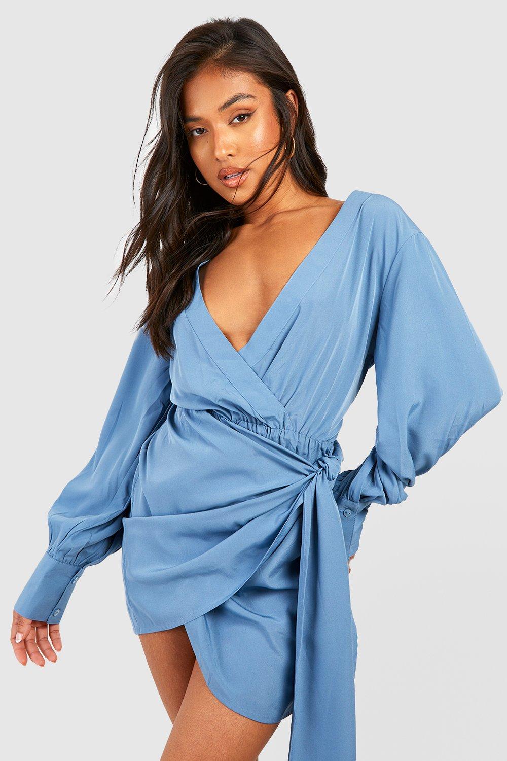 Petite Volume Sleeve Wrap Dress With Bow