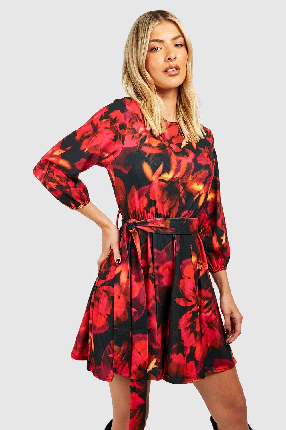 Abstract Floral Belted Skater Dress