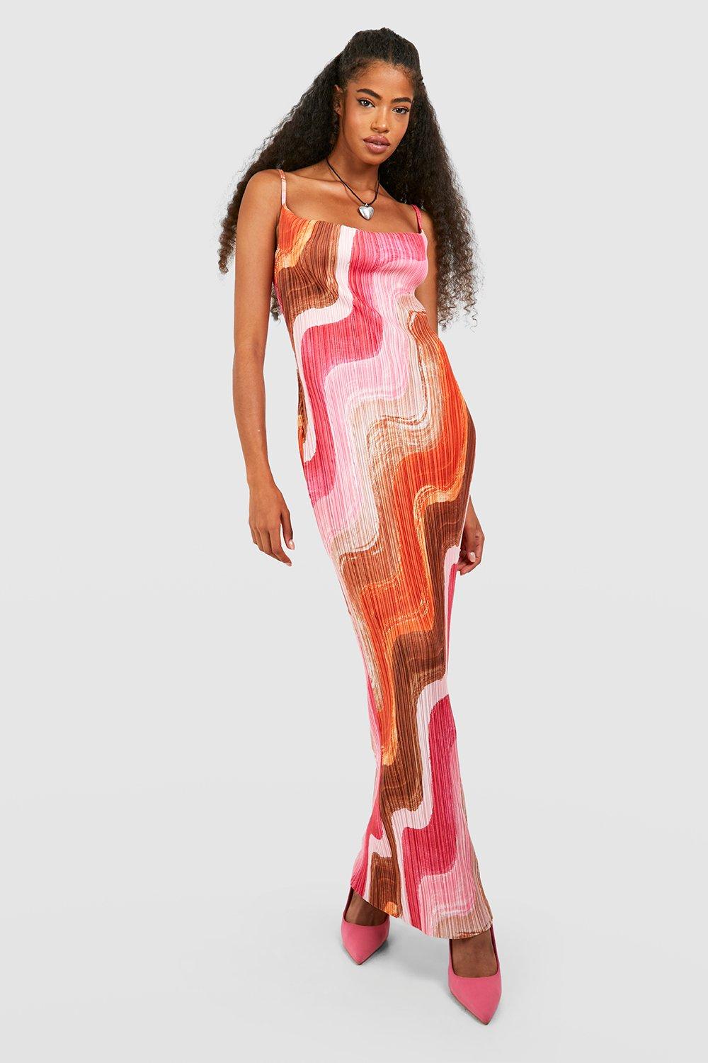 Abstract Plisse Strappy Maxi Dress