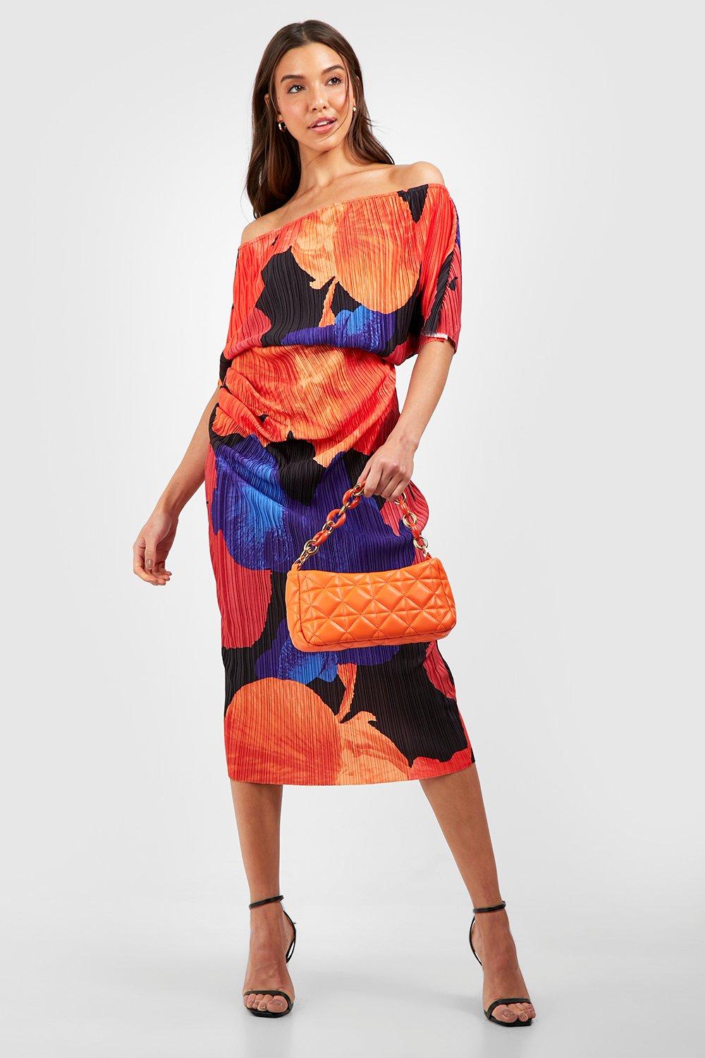 Abstract Floral Off The Shoulder Plisse Midi Dress