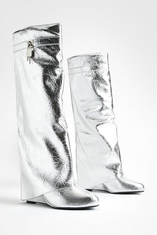 boohoo Metallic Padlock Detail Wedge Fold Over Knee Boots 2