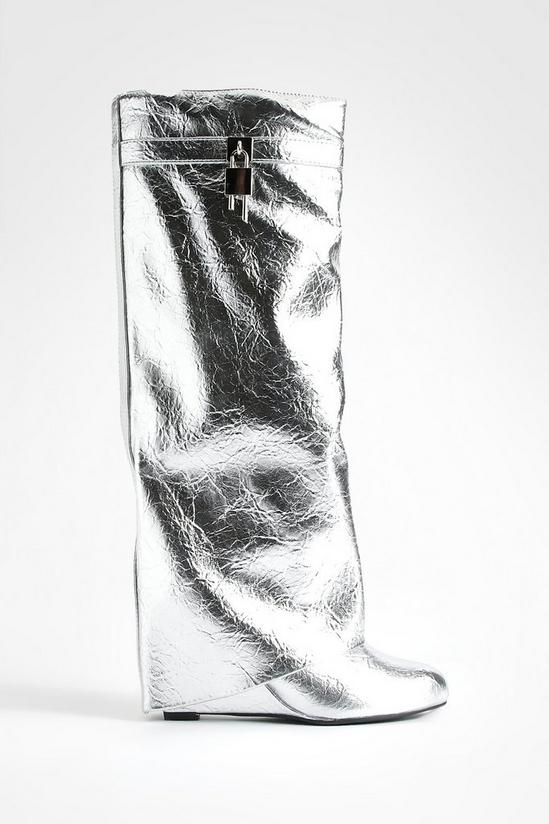 boohoo Metallic Padlock Detail Wedge Fold Over Knee Boots 3