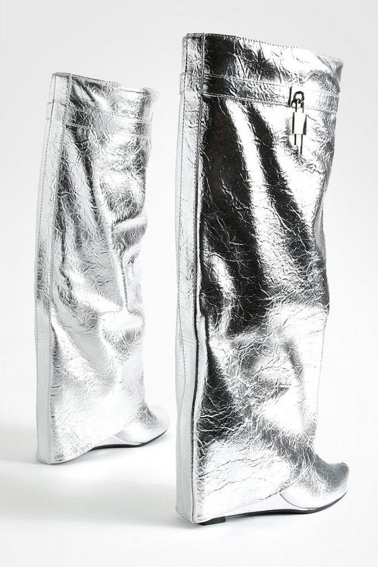 boohoo Metallic Padlock Detail Wedge Fold Over Knee Boots 4