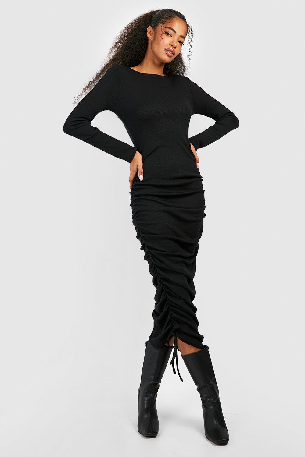 Rouched Detail Ribbed Midi Dress