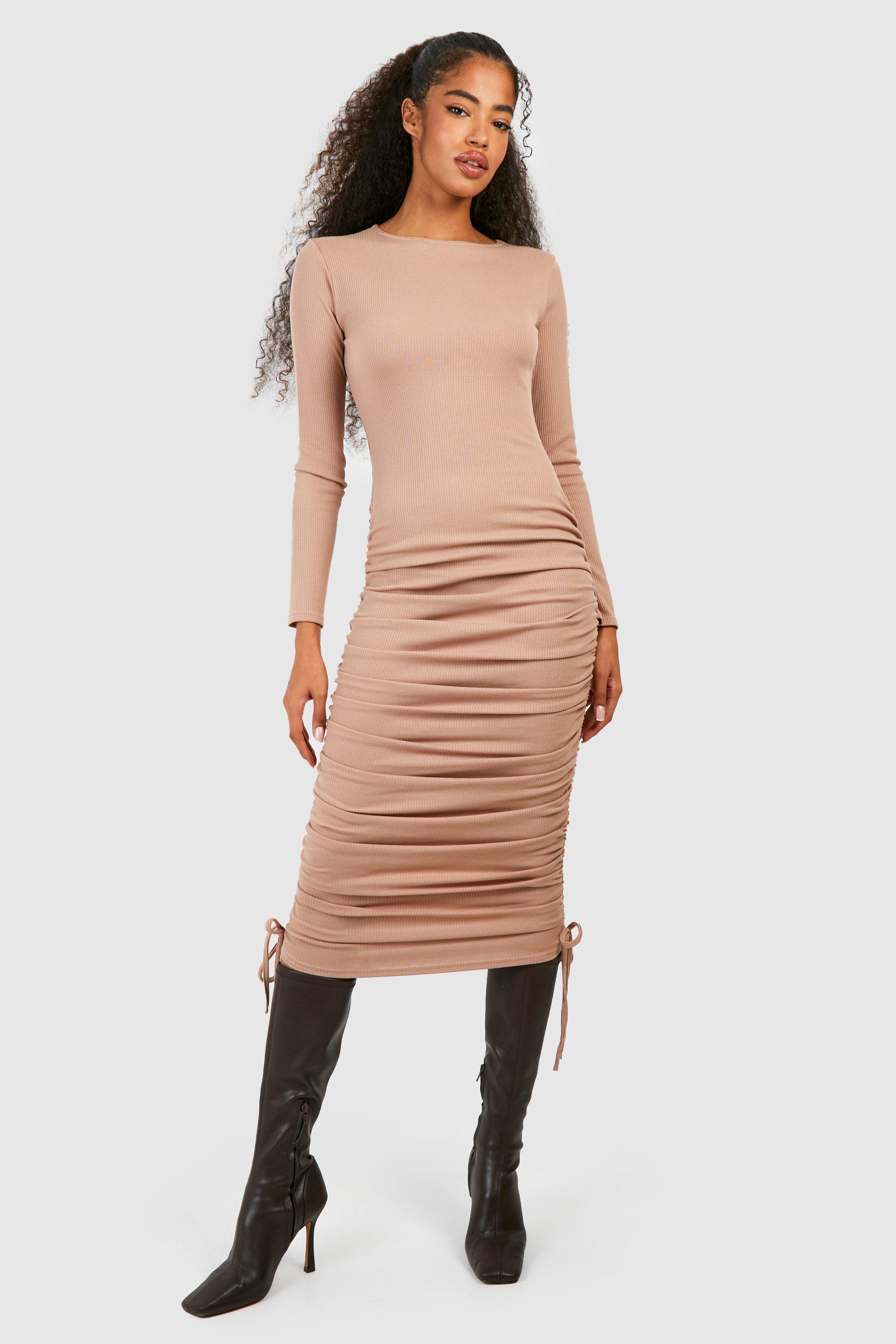 Rouched Detail Ribbed Midi Dress
