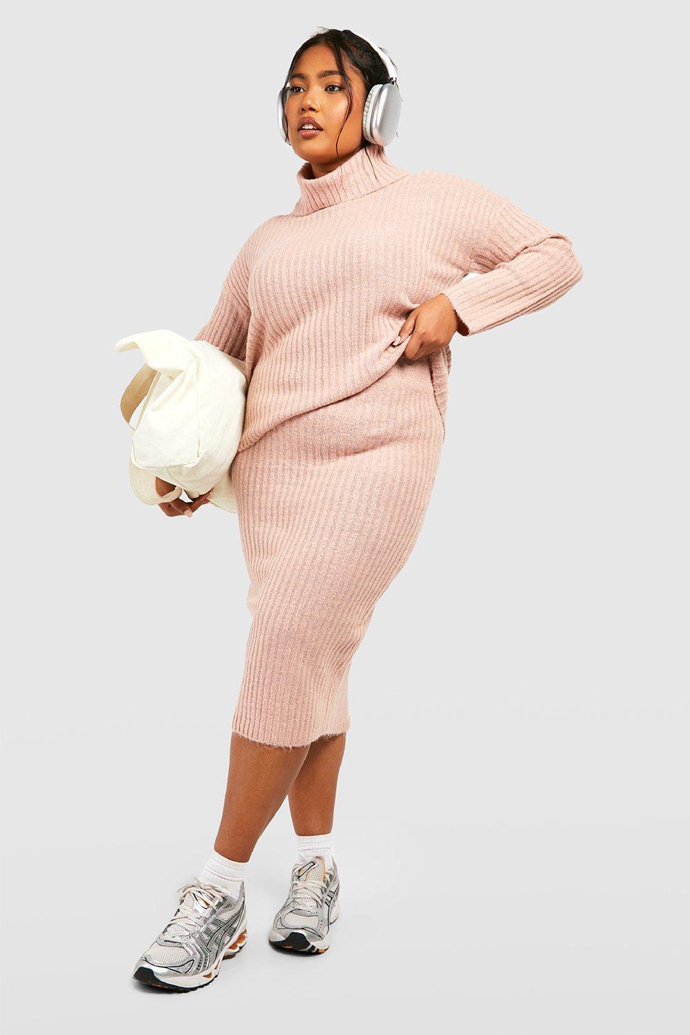 Plus Knitted Midi Skirt And Roll Neck Co-ord