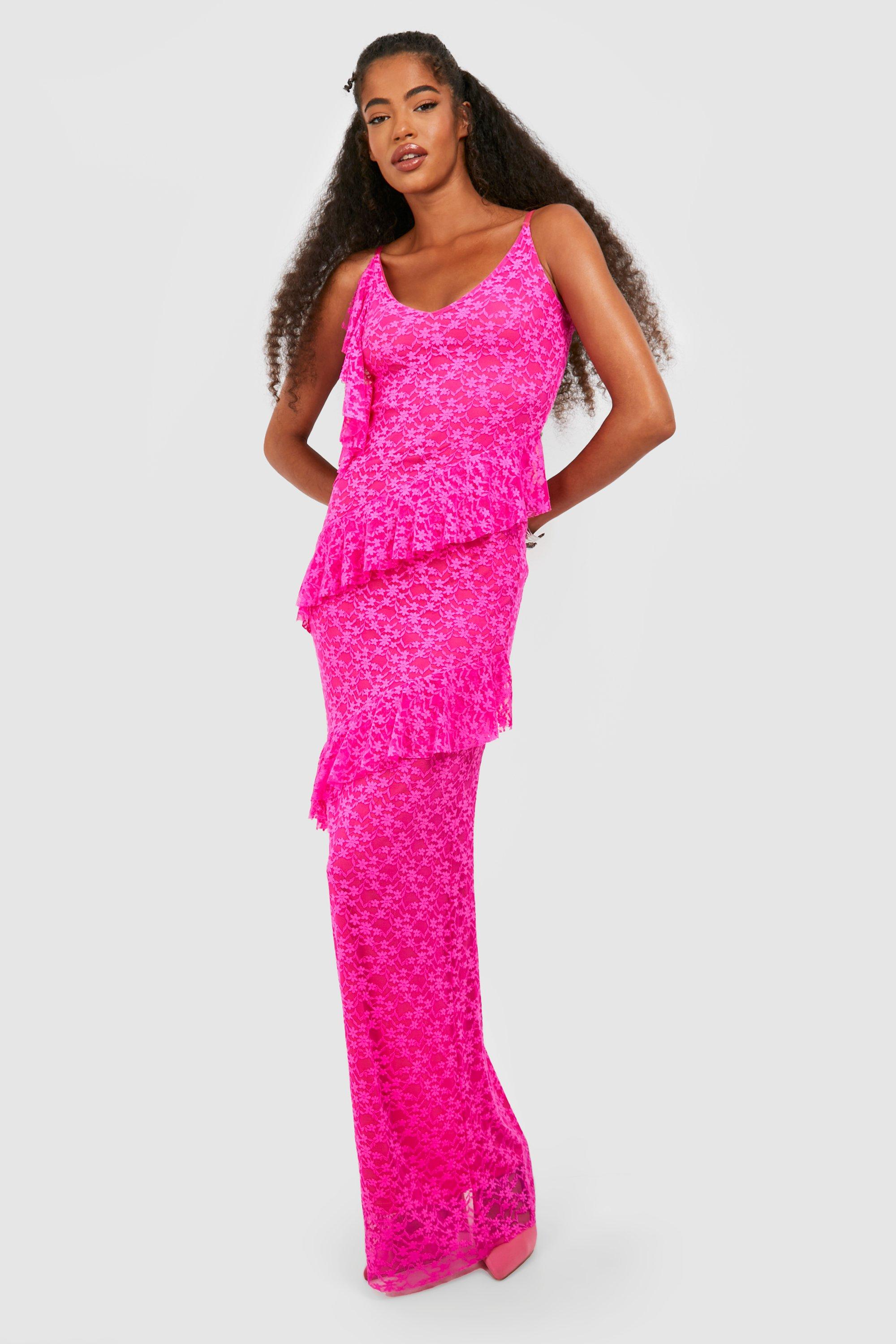 Lace Asymmetric Ruffle Maxi Dress