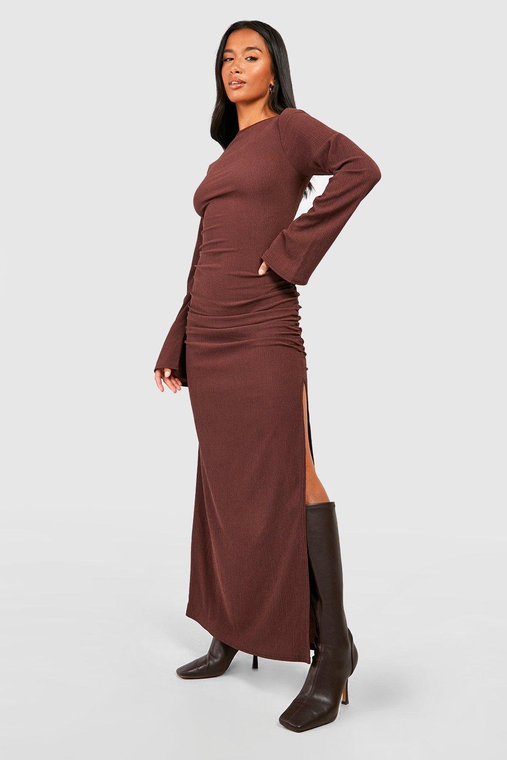 Petite Textured Ruched Flare Sleeve Maxi Dress