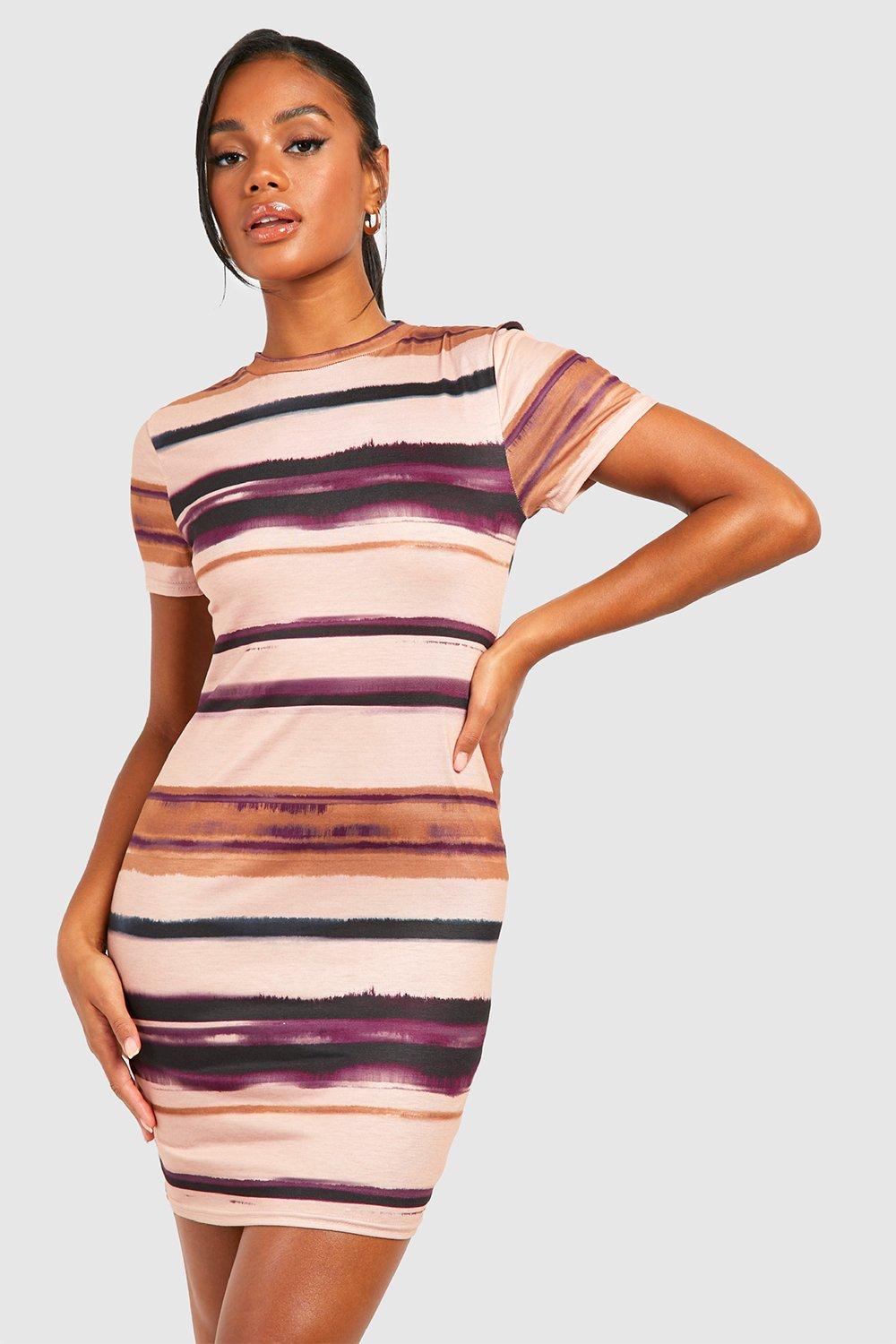 Blurred Stripe Rib Cap Sleeve Mini Dress