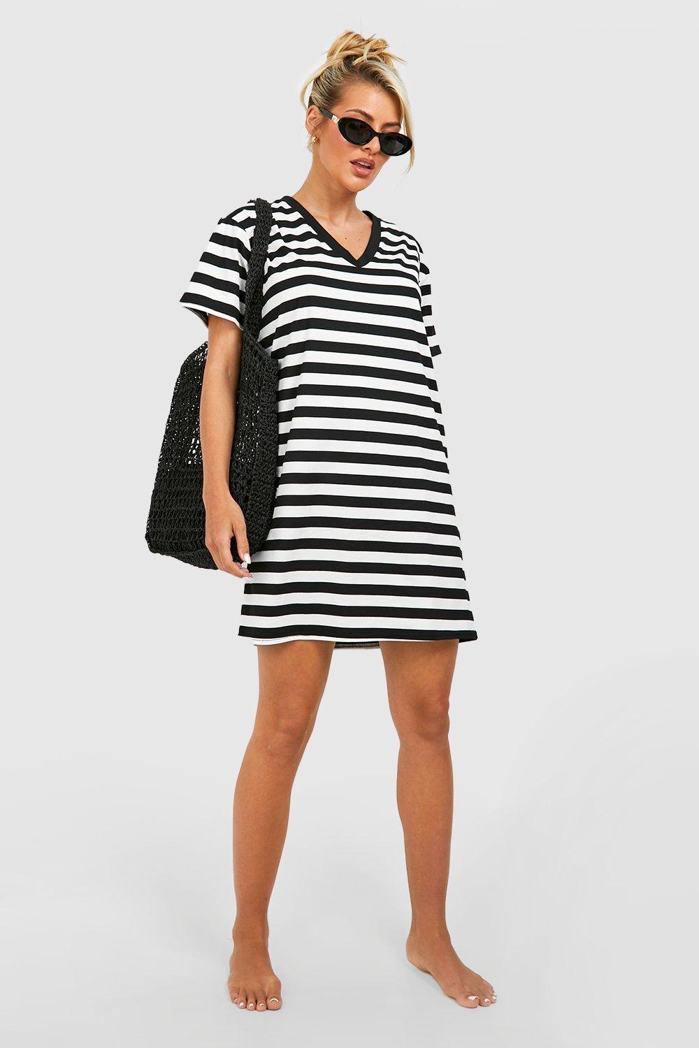 Oversized V Neck Striped T-shirt Beach Dress