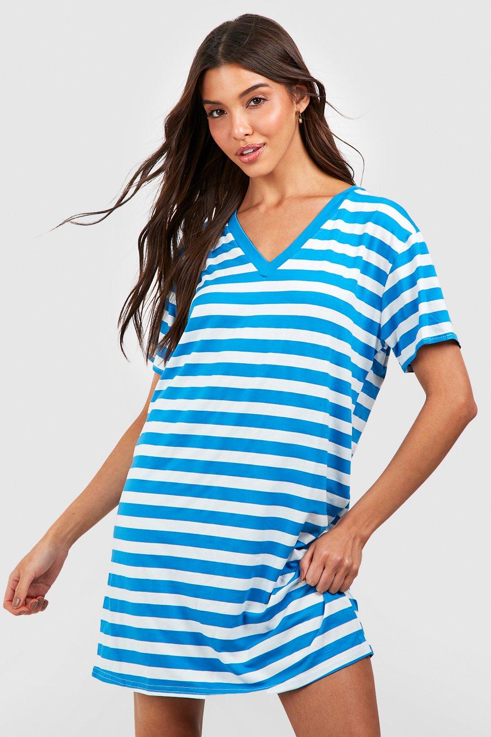 Oversized V Neck Striped T-shirt Beach Dress
