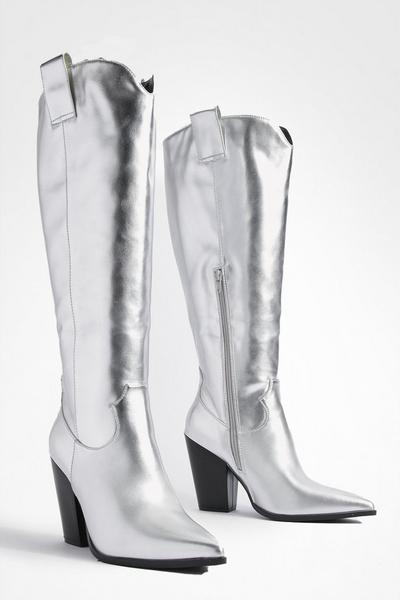 Wide Fit Curved Front Pointed Toe Metallic Cowboy Boots