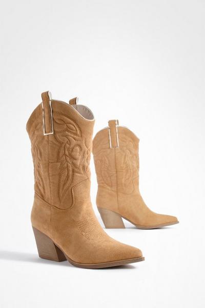 Tab Detail Embroidered Western Cowboy Boots
