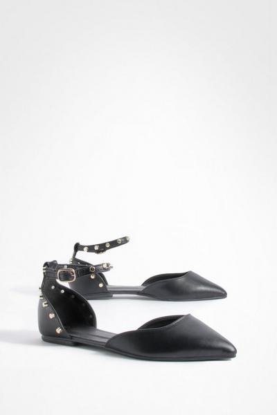 Wide Fit Studded Ankle Strap Pointed Flats