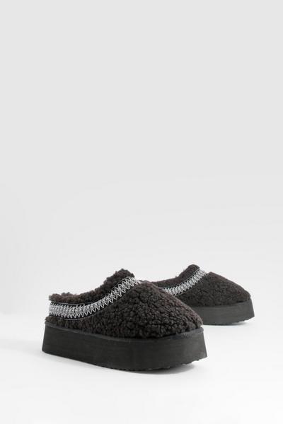 Borg Embroidered Platform Cosy Mules