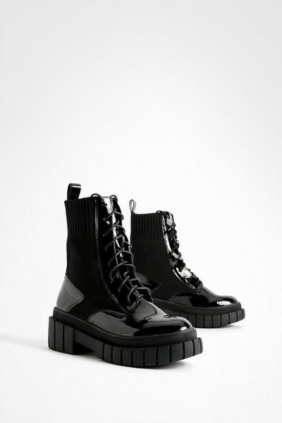 Patent Stepped Sole Biker Boots