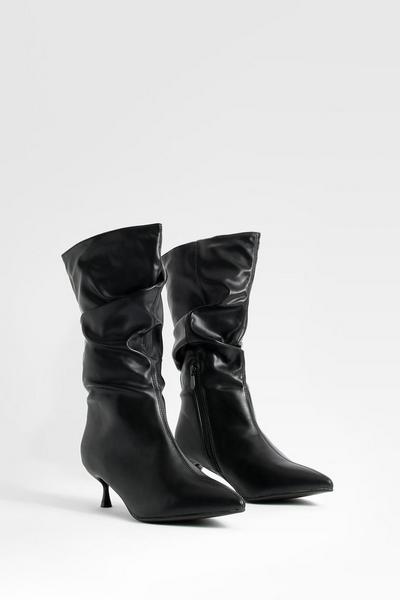 Wide Fit Ruched Low Heel Knee High Boots