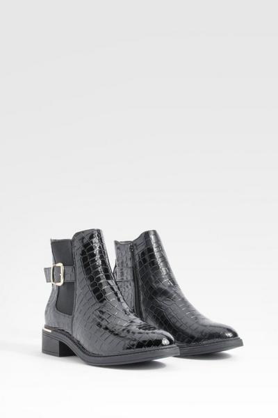 Wide Fit Buckle Detail Patent Ankle Boot