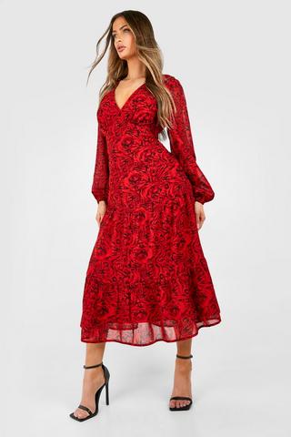 Product Floral Tiered Midi Smock Dress red