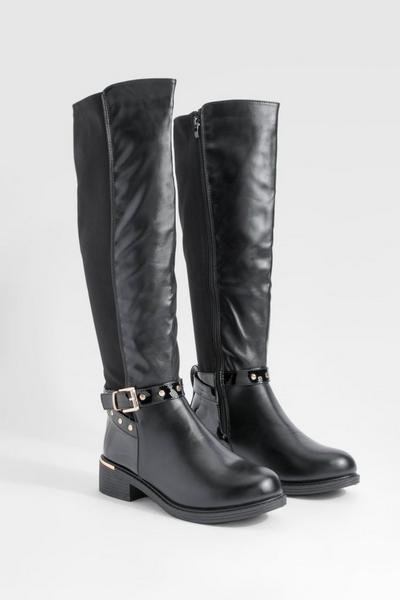 Wide Fit Buckle Detail Panel Knee High Boots