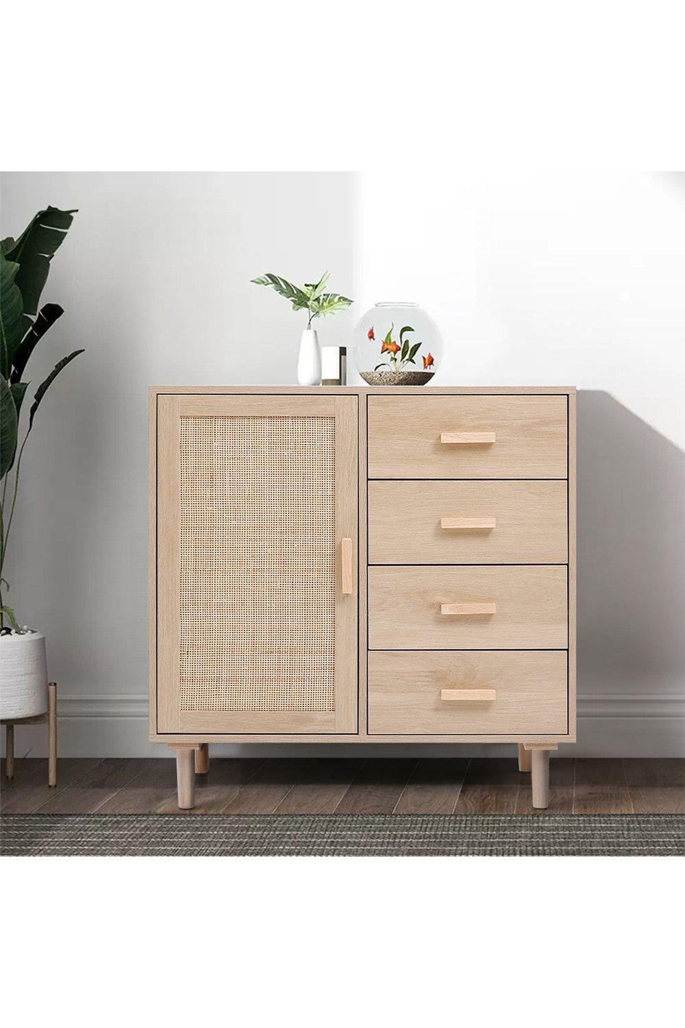 Wood and Rattan Accent Side Cabinet