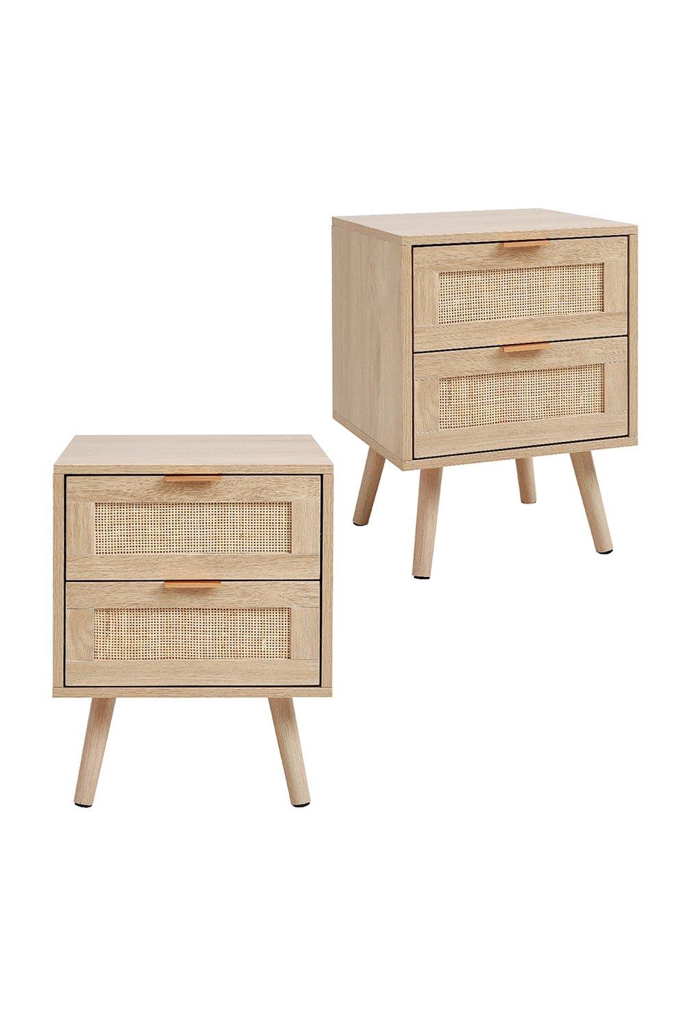 Set of 2 Wood and Rattan Side Cabinet Bedside Cabinet