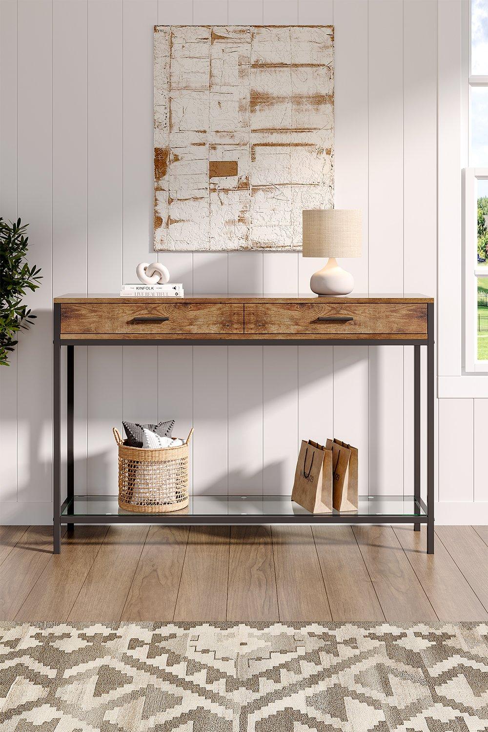 Rustic Brown Drawer Console Desk with Glass Shelf
