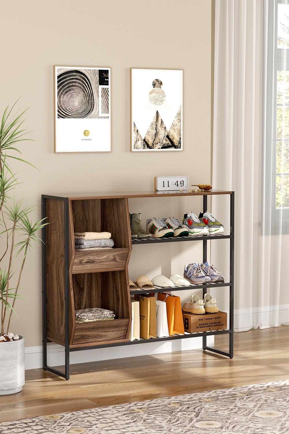 Modern Walnut 3 Tier Shoe Organizer Shelf
