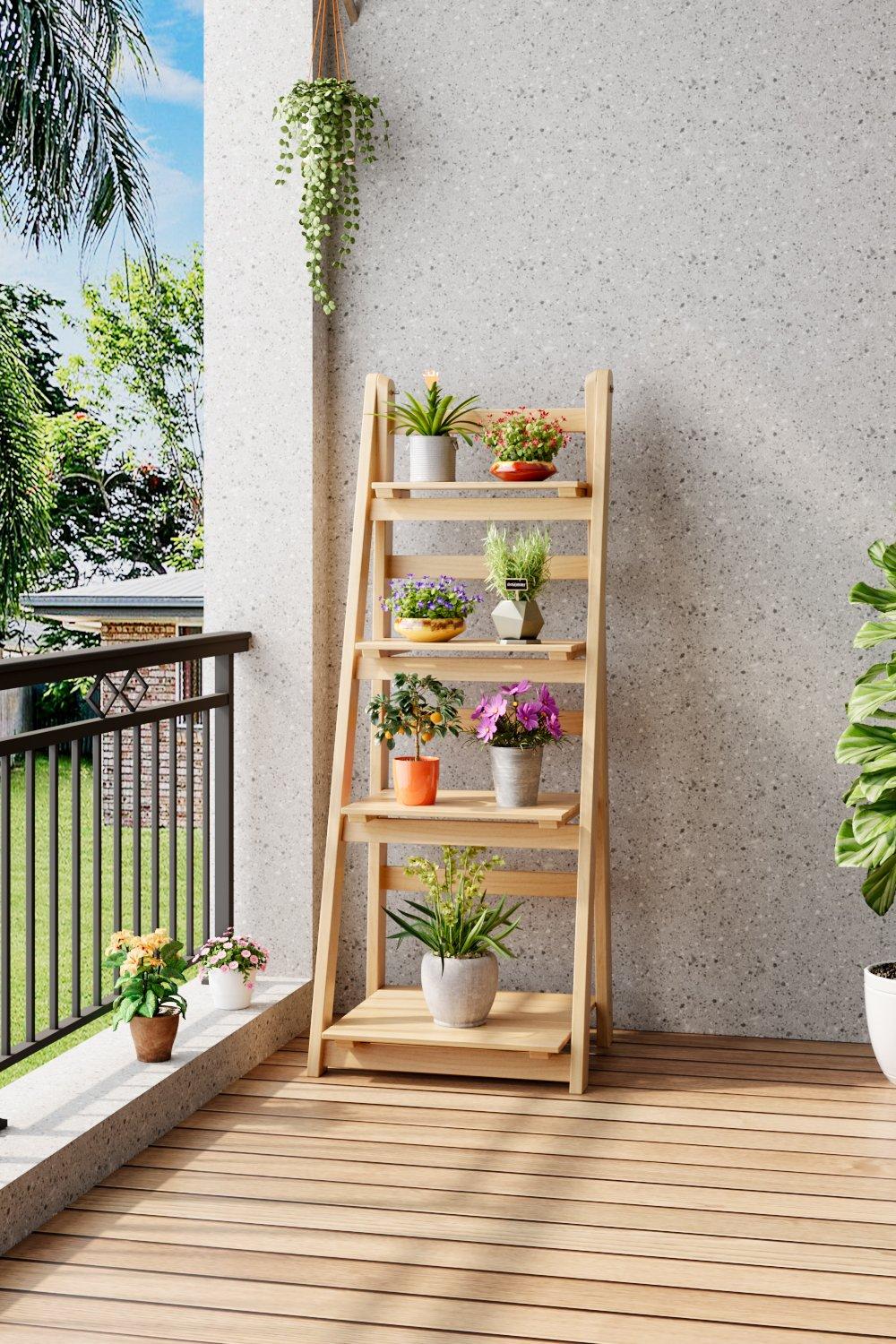 4 Layer Wooden Foldable Ladder Shelf for Plants Natural Color